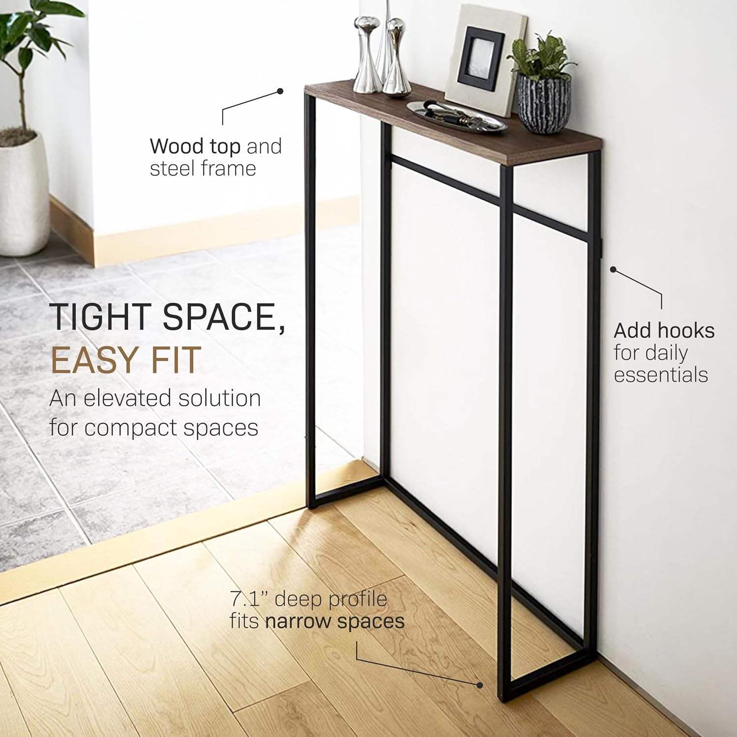 image:imageYAMAZAKI Home Slim Console Table Narrow Entryway Table 24 Inch with Hooks UltraShallow Skinny Table for Small Spaces Modern White Narrow Console Table Steel Wood Easy Assembly ModernBlack