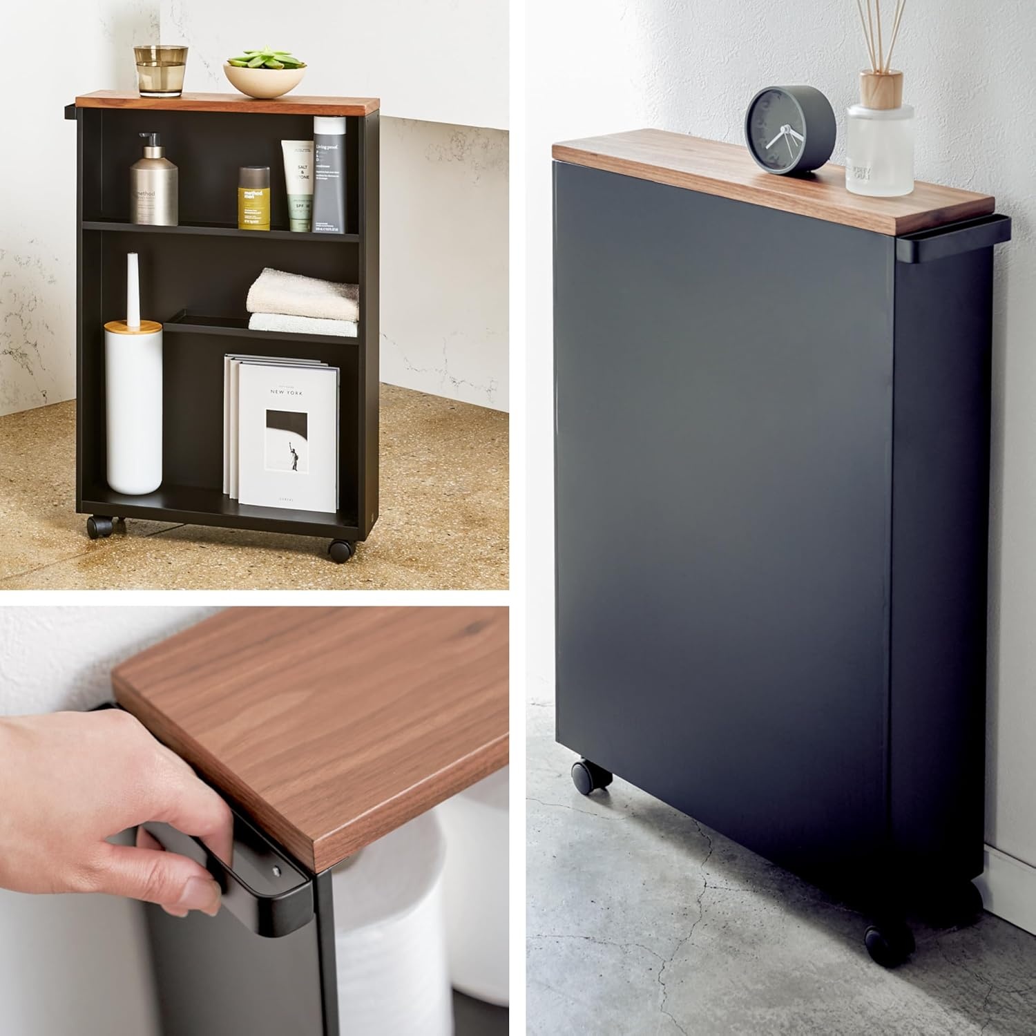 image:imageYAMAZAKI Home Slim Rolling Storage Cart Narrow Bathroom Storage Cabinet with Handle Slim Bathroom Storage Cart with Wheels Easy Assembly Steel Wood Yellow 27 Steel Black