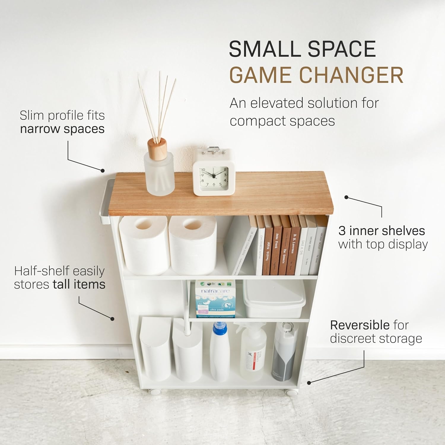 image:imageYAMAZAKI Home Slim Rolling Storage Cart Narrow Bathroom Storage Cabinet with Handle Slim Bathroom Storage Cart with Wheels Easy Assembly Steel Wood Yellow 27 Steel White
