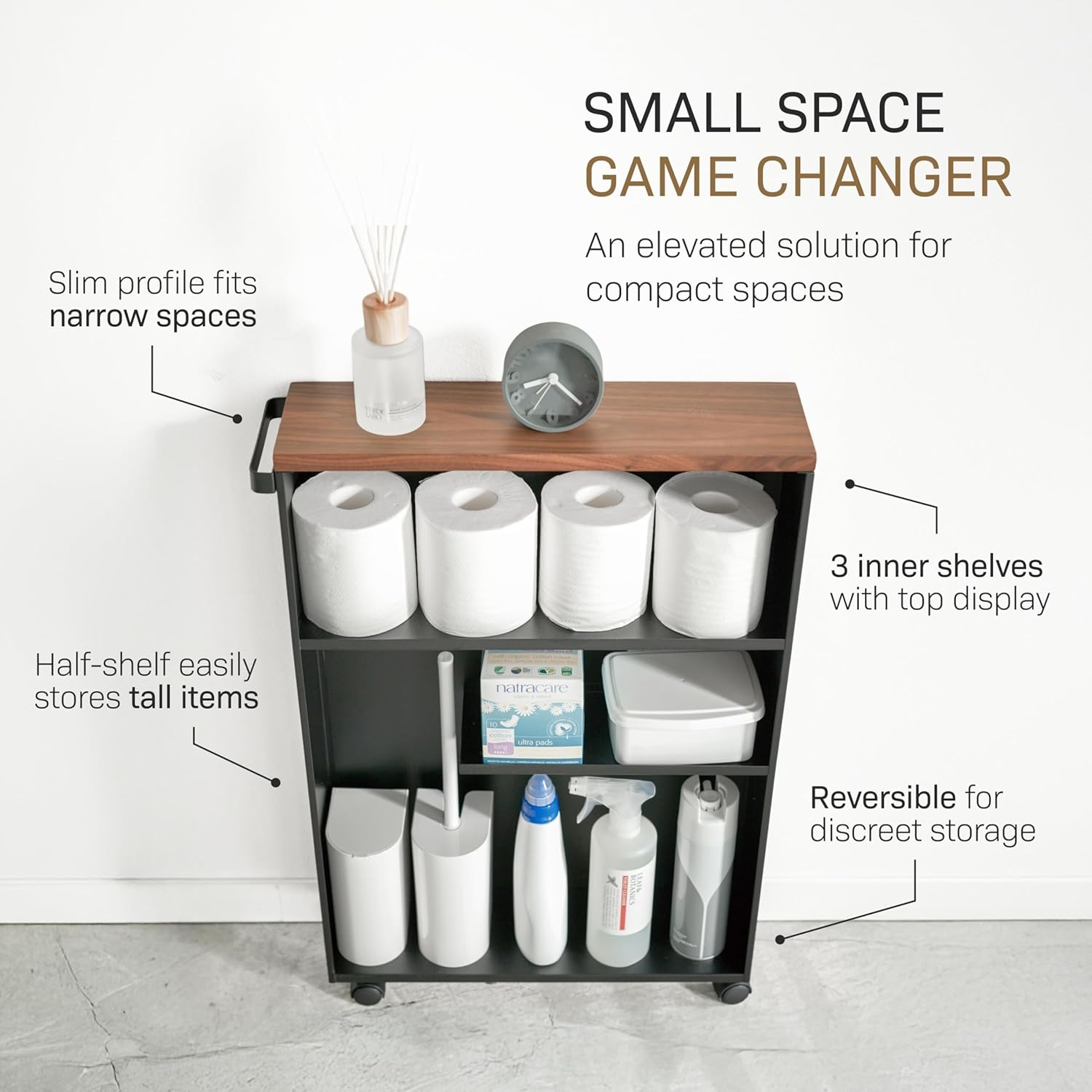image:imageYAMAZAKI Home Slim Rolling Storage Cart Narrow Bathroom Storage Cabinet with Handle Slim Bathroom Storage Cart with Wheels Easy Assembly Steel Wood Yellow 27 Steel Black