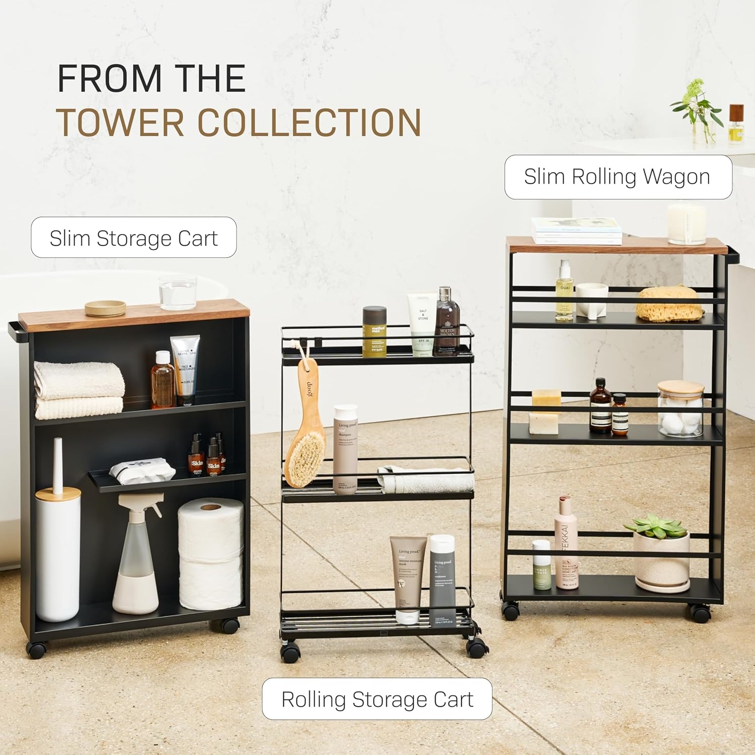 image:imageYAMAZAKI Home Slim Rolling Storage Cart Narrow Bathroom Storage Cabinet with Handle Slim Bathroom Storage Cart with Wheels Easy Assembly Steel Wood Yellow 27 Steel Black