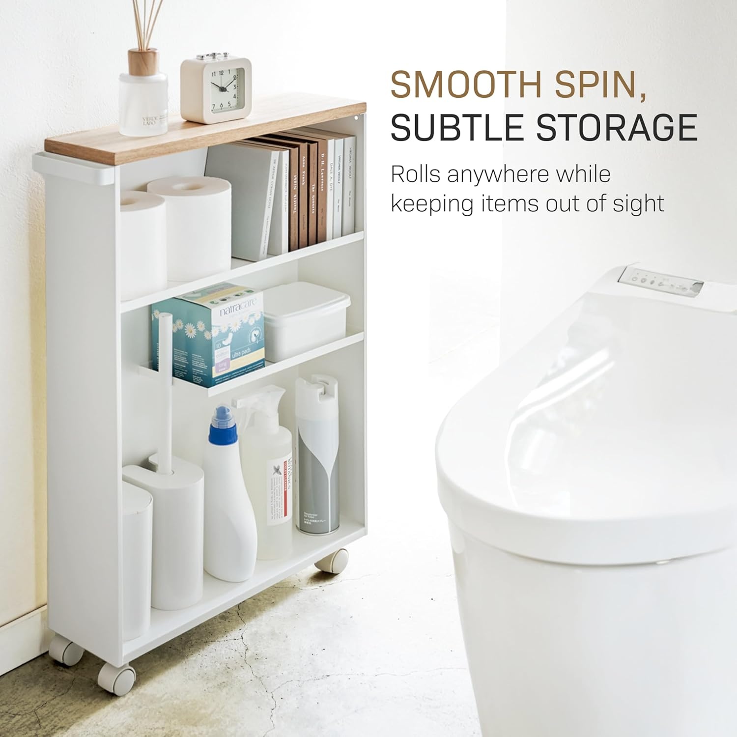 image:imageYAMAZAKI Home Slim Rolling Storage Cart Narrow Bathroom Storage Cabinet with Handle Slim Bathroom Storage Cart with Wheels Easy Assembly Steel Wood Yellow 27 Steel White
