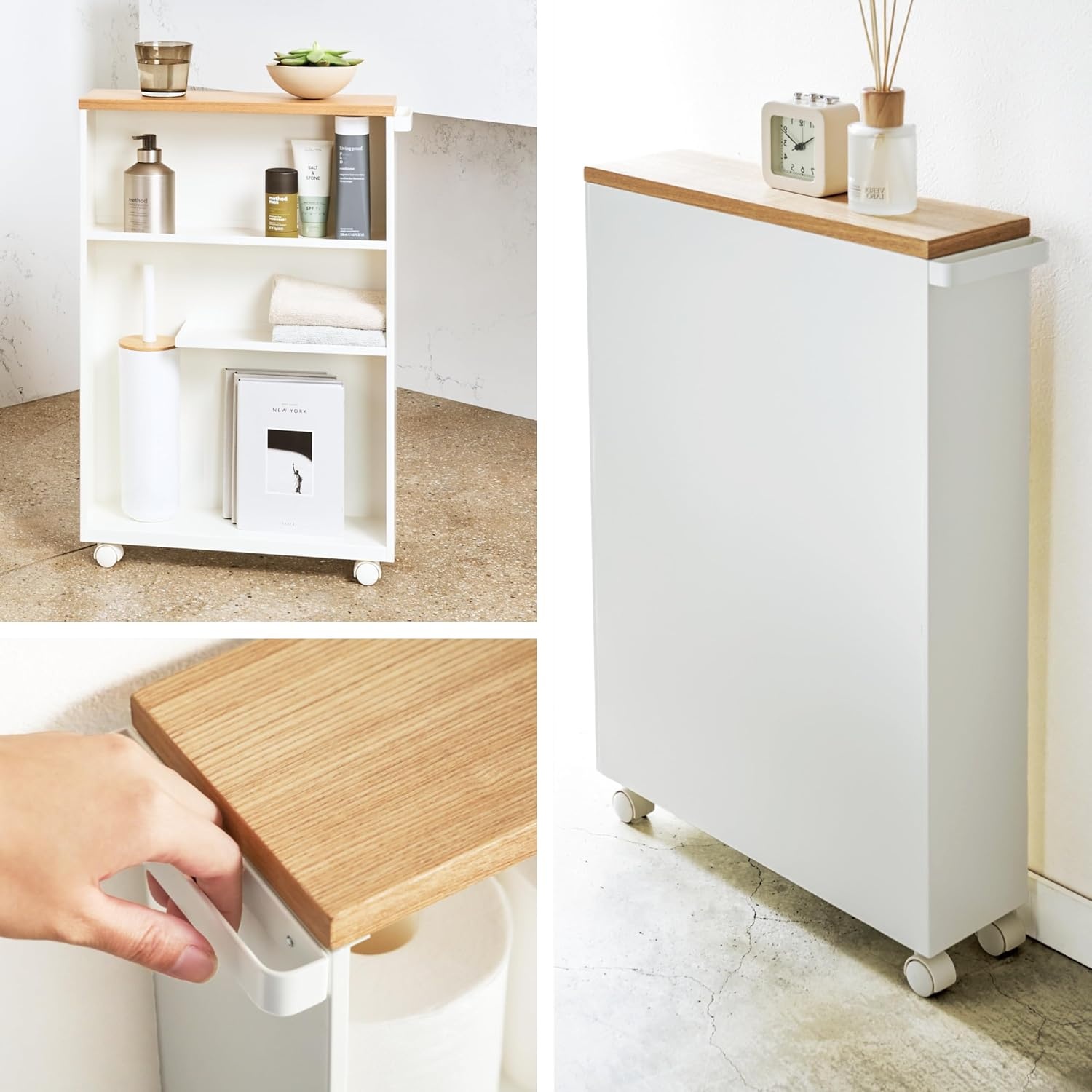 image:imageYAMAZAKI Home Slim Rolling Storage Cart Narrow Bathroom Storage Cabinet with Handle Slim Bathroom Storage Cart with Wheels Easy Assembly Steel Wood Yellow 27 Steel White