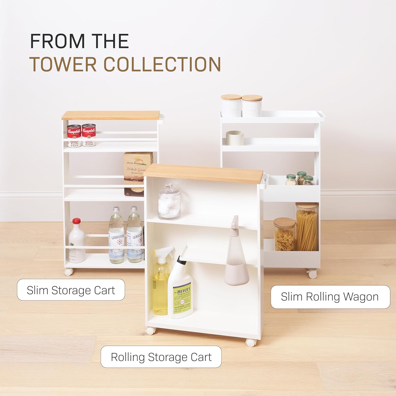 image:imageYAMAZAKI Home Slim Rolling Storage Cart Narrow Bathroom Storage Cabinet with Handle Slim Bathroom Storage Cart with Wheels Easy Assembly Steel Wood Yellow 27 Steel White