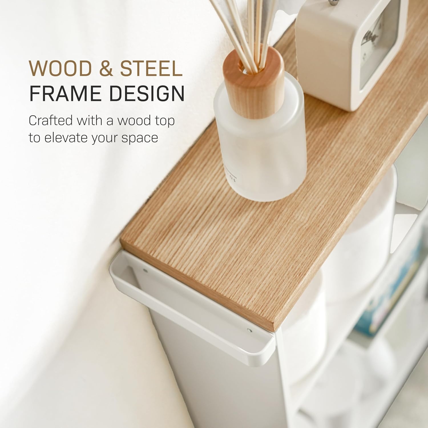 image:imageYAMAZAKI Home Slim Rolling Storage Cart Narrow Bathroom Storage Cabinet with Handle Slim Bathroom Storage Cart with Wheels Easy Assembly Steel Wood Yellow 27 Steel White
