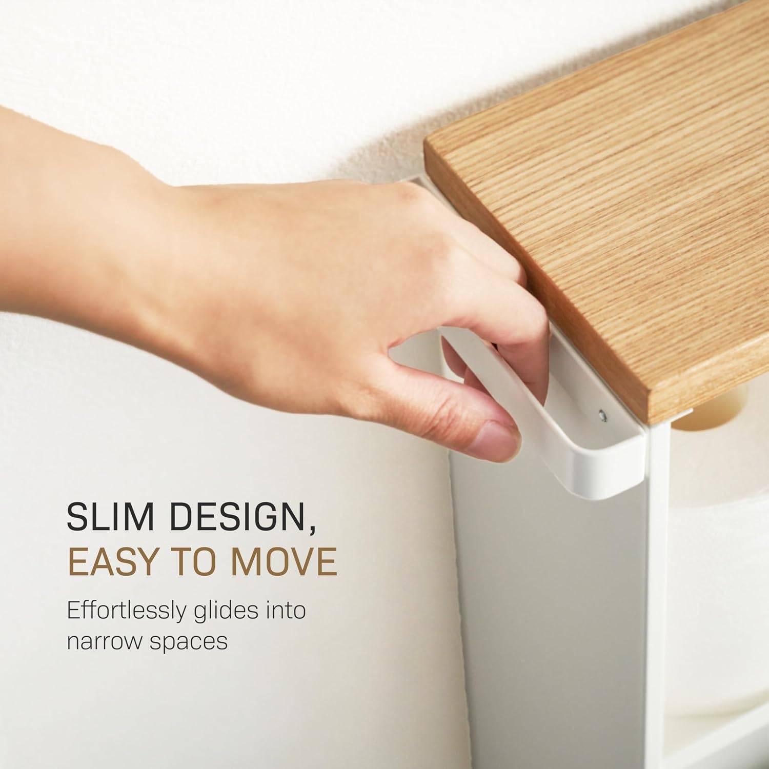 image:imageYAMAZAKI Home Slim Rolling Storage Cart Narrow Bathroom Storage Cabinet with Handle Slim Bathroom Storage Cart with Wheels Easy Assembly Steel Wood Yellow 27 Steel White