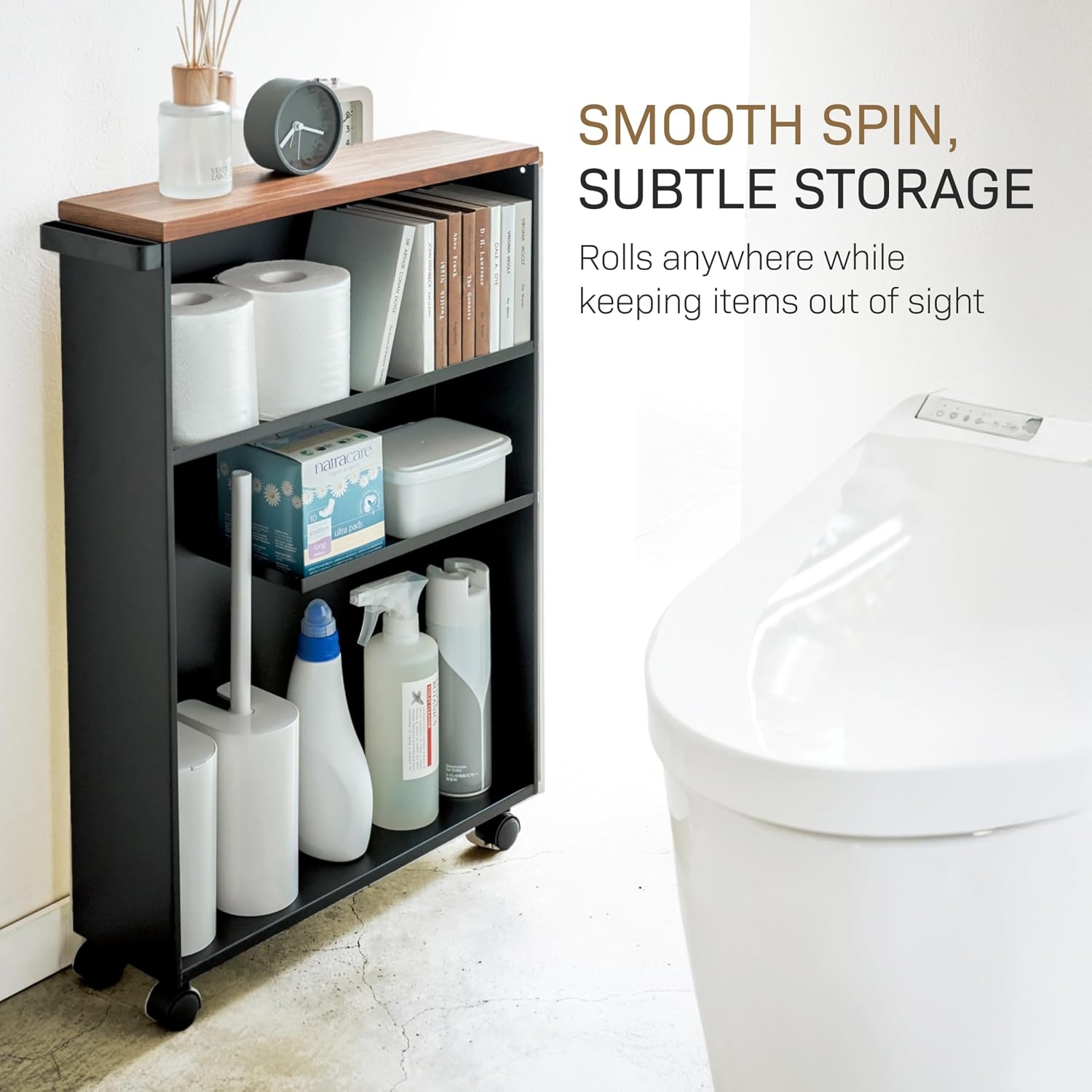 image:imageYAMAZAKI Home Slim Rolling Storage Cart Narrow Bathroom Storage Cabinet with Handle Slim Bathroom Storage Cart with Wheels Easy Assembly Steel Wood Yellow 27 Steel Black