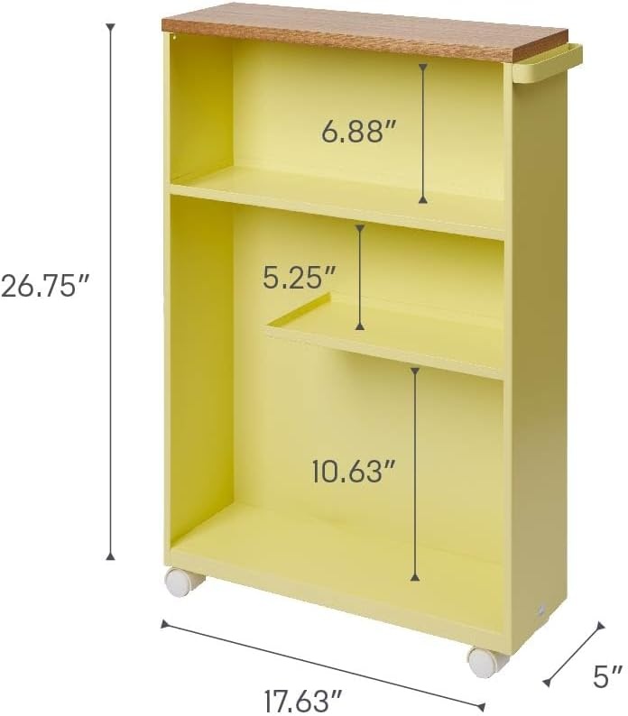 image:imageYAMAZAKI Home Slim Rolling Storage Cart Narrow Bathroom Storage Cabinet with Handle Slim Bathroom Storage Cart with Wheels Easy Assembly Steel Wood Yellow 27 Steel Yellow