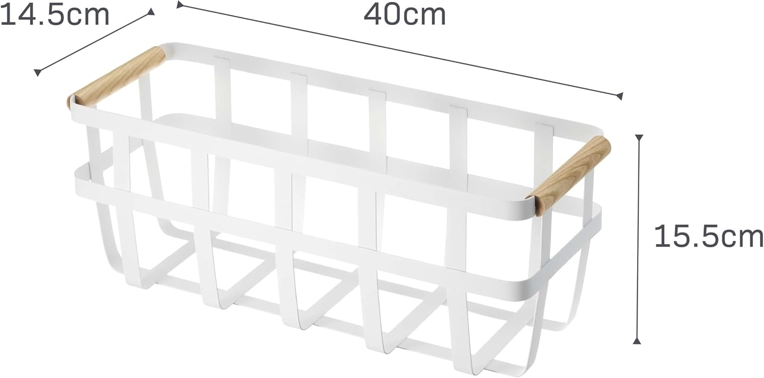 image:imageYAMAZAKI Home Storage Basket Home Organizer Bin Holder with Wooden Handle Steel Wood Small White