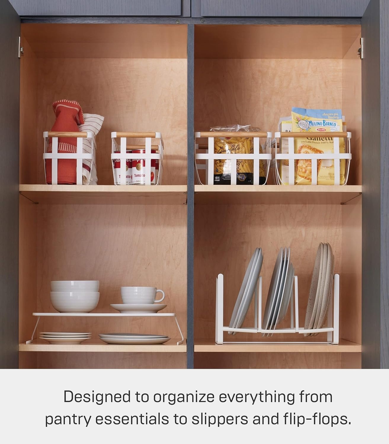 image:imageYAMAZAKI Home Storage Basket Home Organizer Bin Holder with Wooden Handle Steel Wood Small White