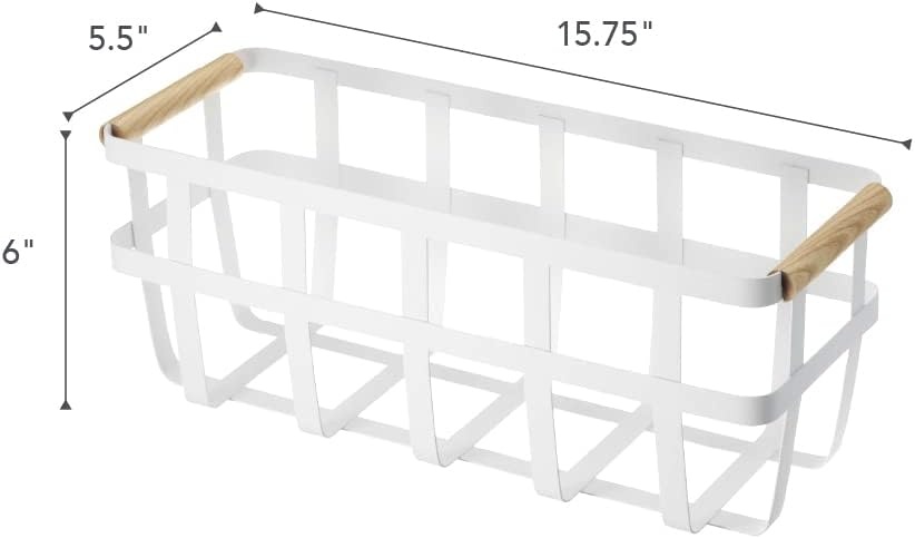 image:imageYAMAZAKI Home Storage Basket Home Organizer Bin Holder with Wooden Handle Steel Wood Small White