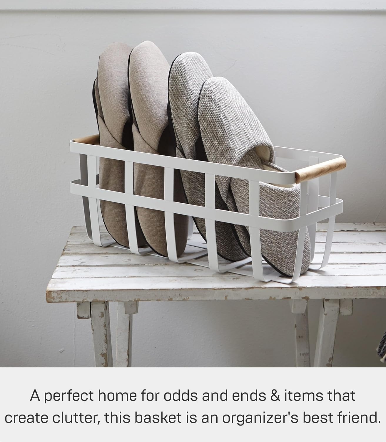 image:imageYAMAZAKI Home Storage Basket Home Organizer Bin Holder with Wooden Handle Steel Wood Small White