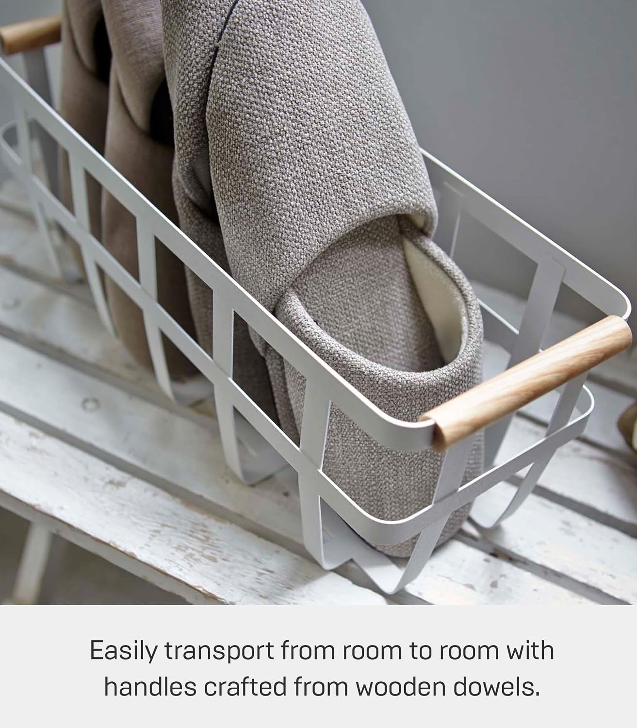 image:imageYAMAZAKI Home Storage Basket Home Organizer Bin Holder with Wooden Handle Steel Wood Small White