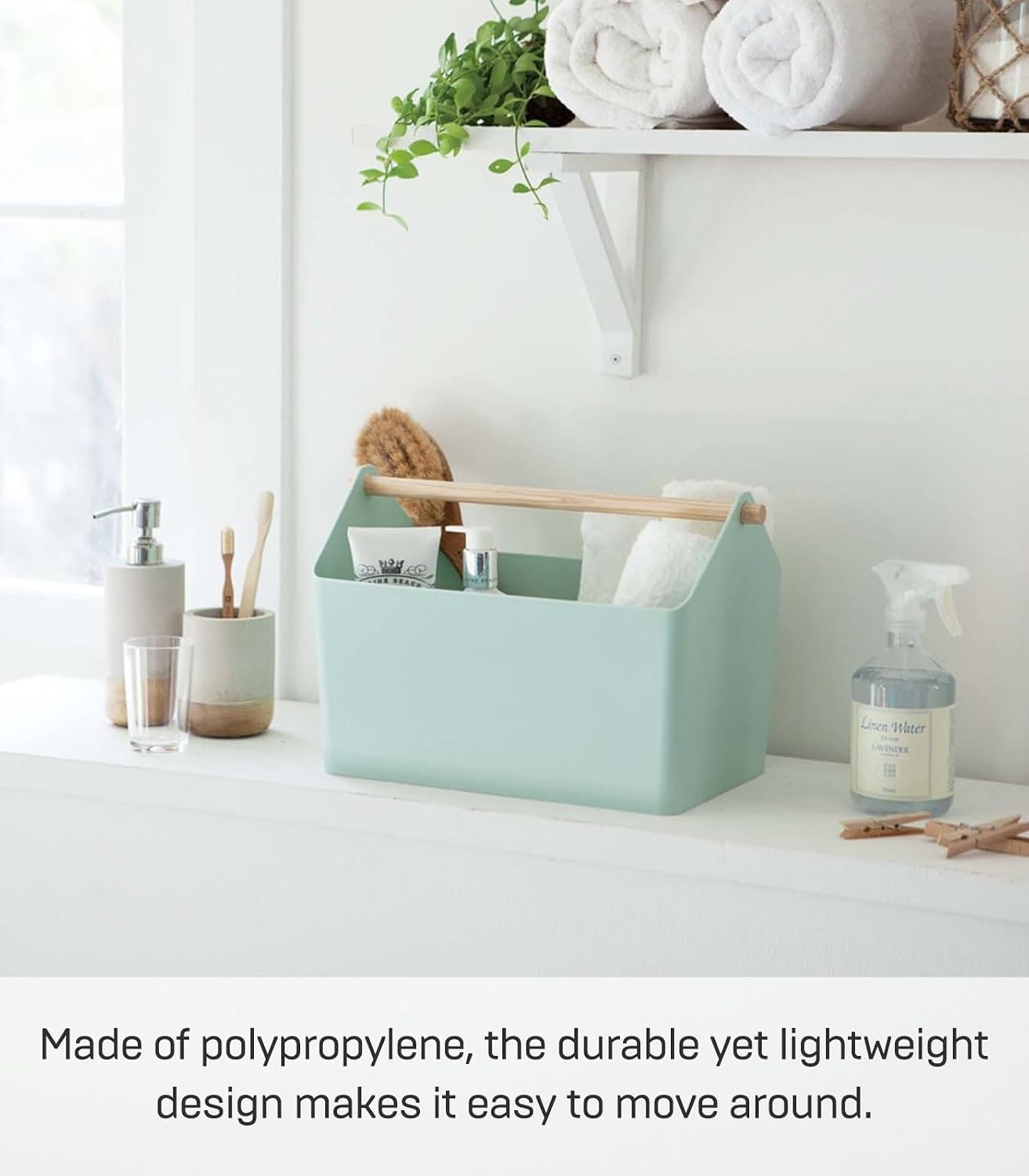 image:imageYAMAZAKI Home Storage OrganizerCleaning CaddyStorage Basket with Handle Plastic Wood One Size WhiteMint