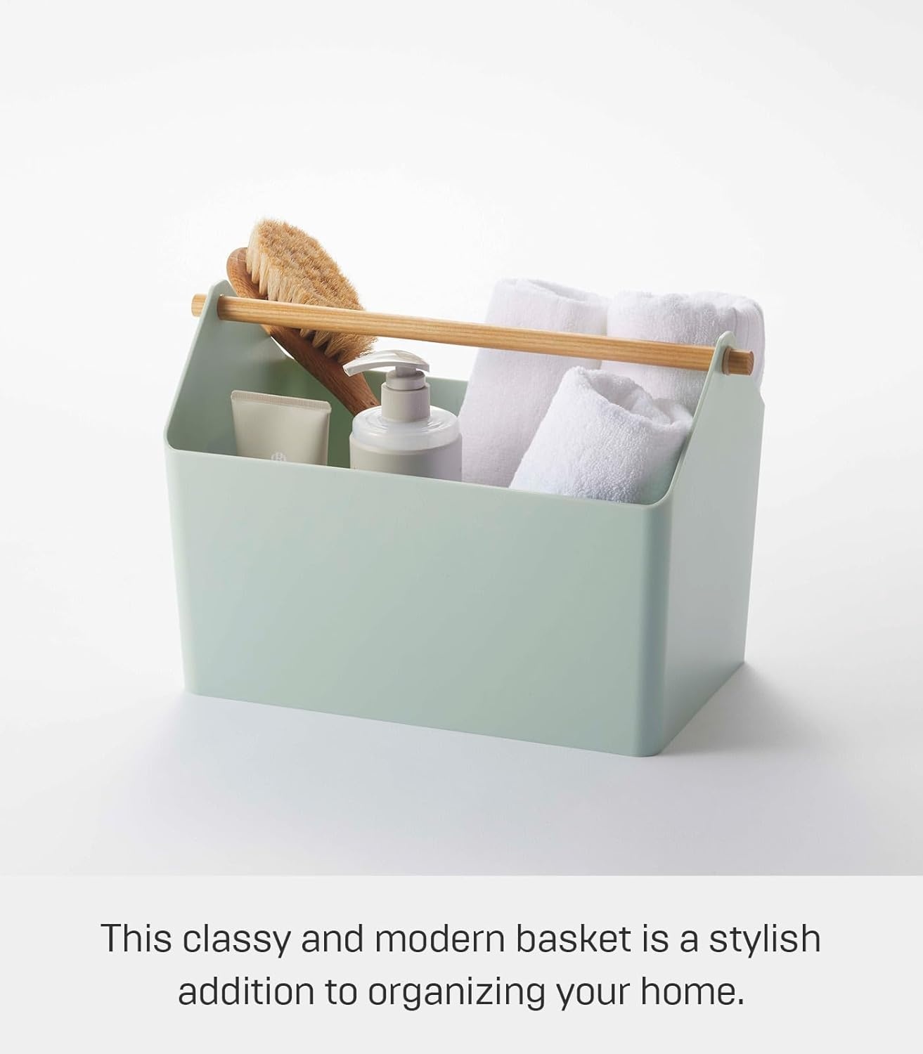 image:imageYAMAZAKI Home Storage OrganizerCleaning CaddyStorage Basket with Handle Plastic Wood One Size WhiteMint