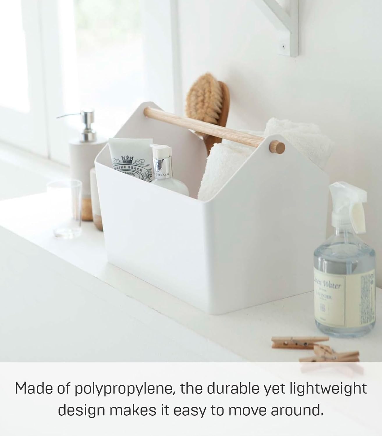 image:imageYAMAZAKI Home Storage OrganizerCleaning CaddyStorage Basket with Handle Plastic Wood One Size WhiteWhite