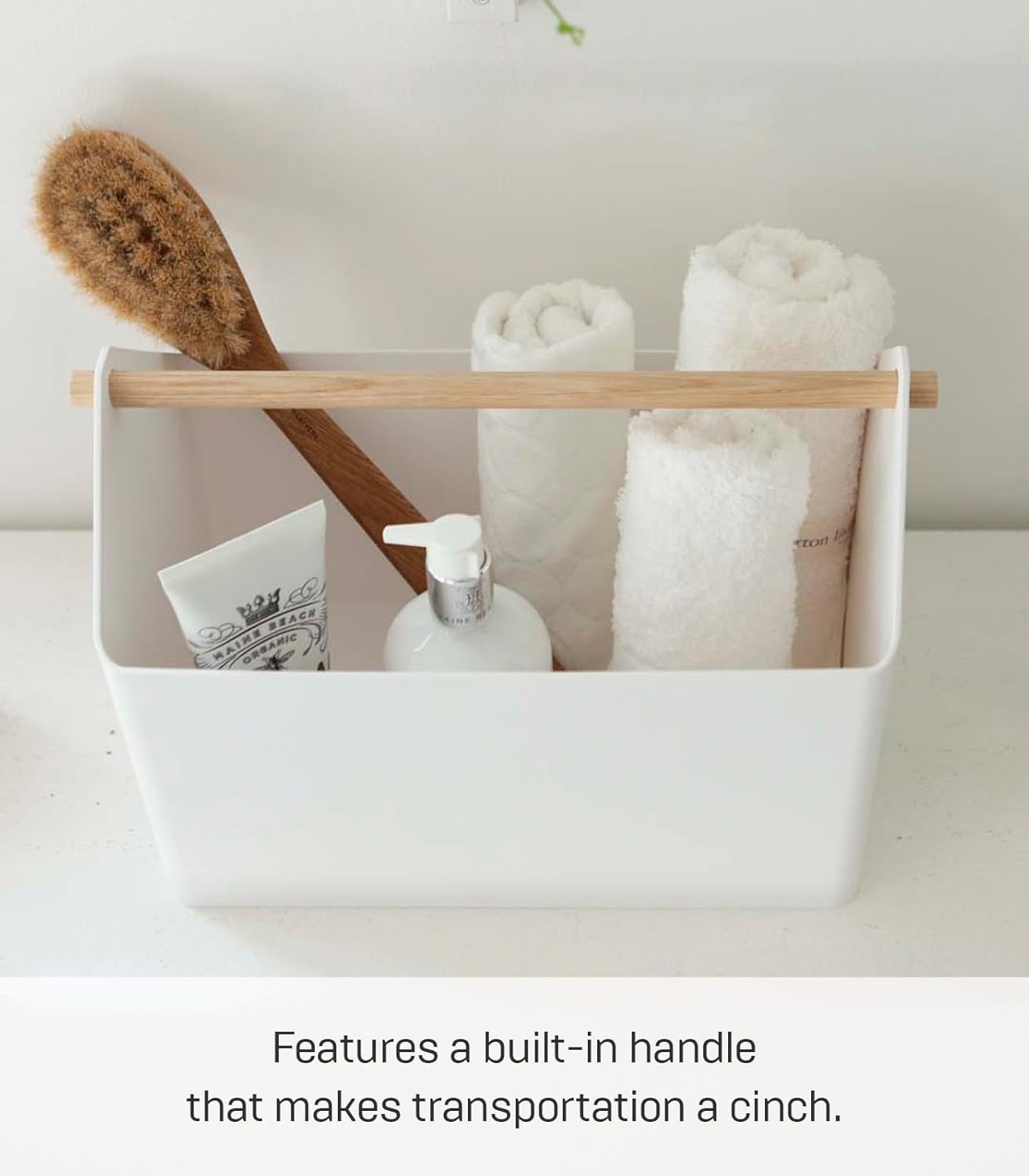 image:imageYAMAZAKI Home Storage OrganizerCleaning CaddyStorage Basket with Handle Plastic Wood One Size WhiteWhite
