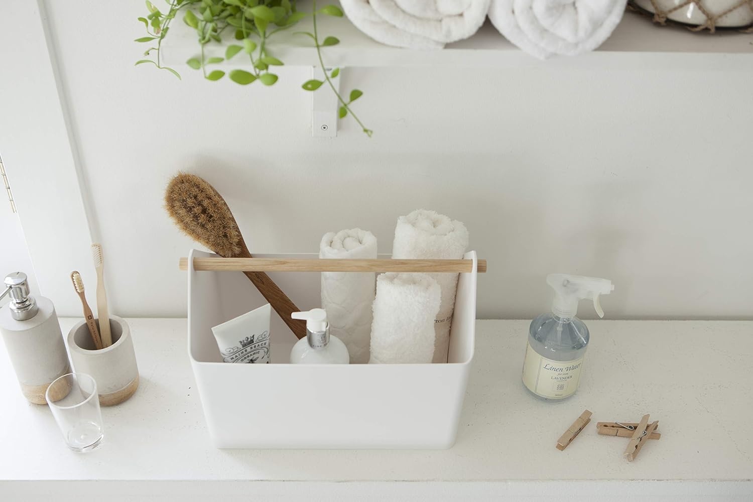 image:imageYAMAZAKI Home Storage OrganizerCleaning CaddyStorage Basket with Handle Plastic Wood One Size WhiteWhite