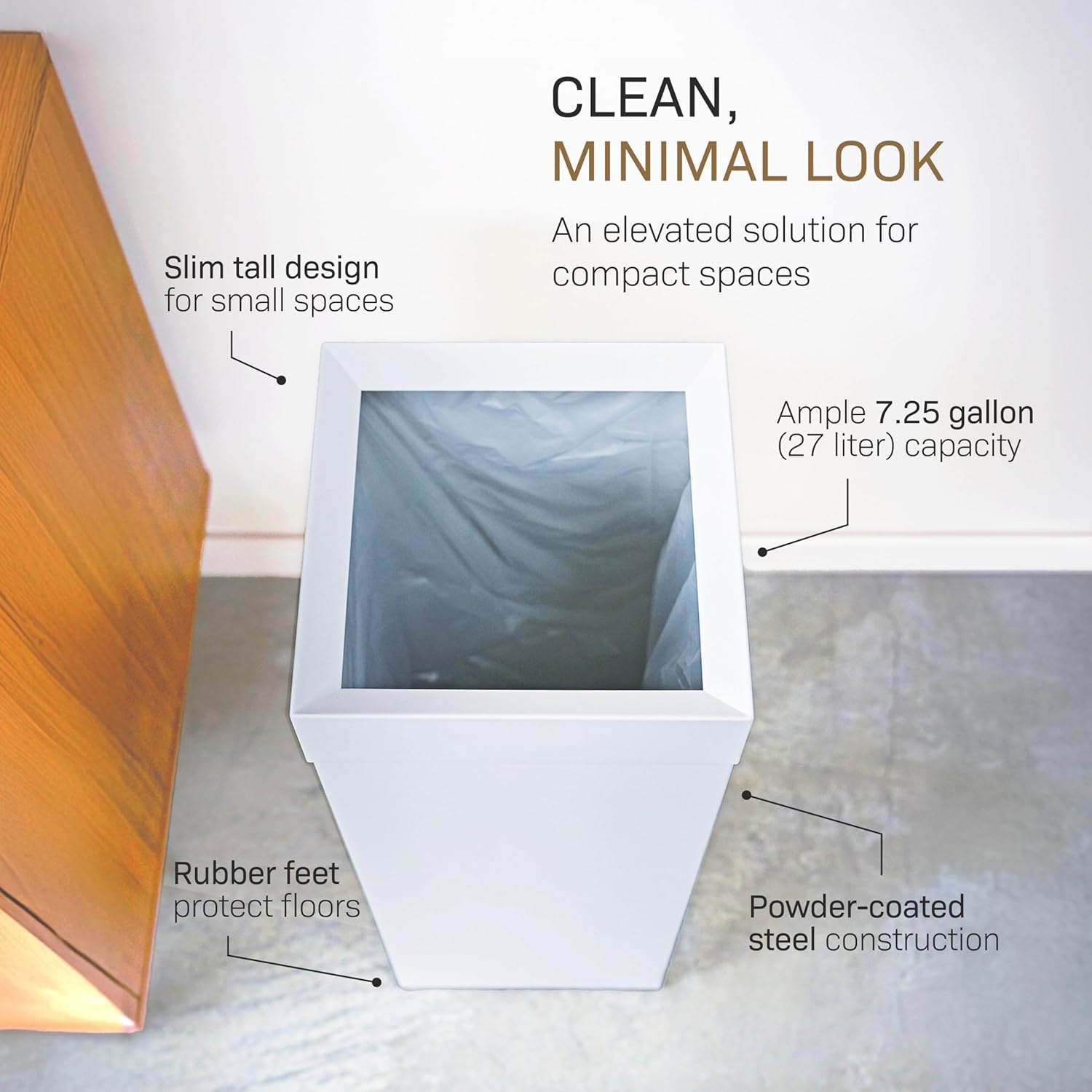 image:imageYAMAZAKI Home Tall Slim Trash Can Modern Square Steel Waste Basket with Handle White Metal Trash Can for Kitchen Bathroom or Office 725 Gallons Slim Tall DesignWhite