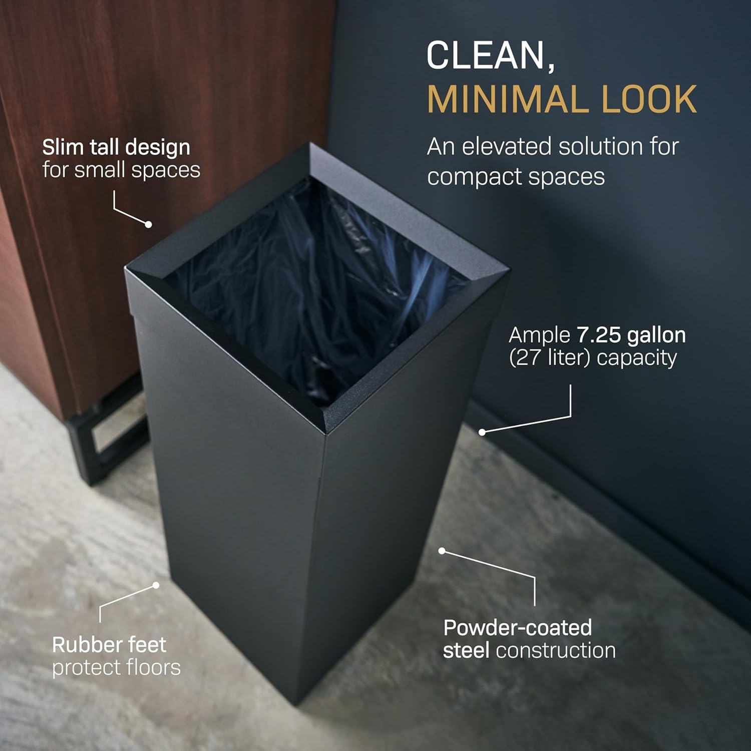 image:imageYAMAZAKI Home Tall Slim Trash Can Modern Square Steel Waste Basket with Handle White Metal Trash Can for Kitchen Bathroom or Office 725 Gallons Slim Tall DesignBlack