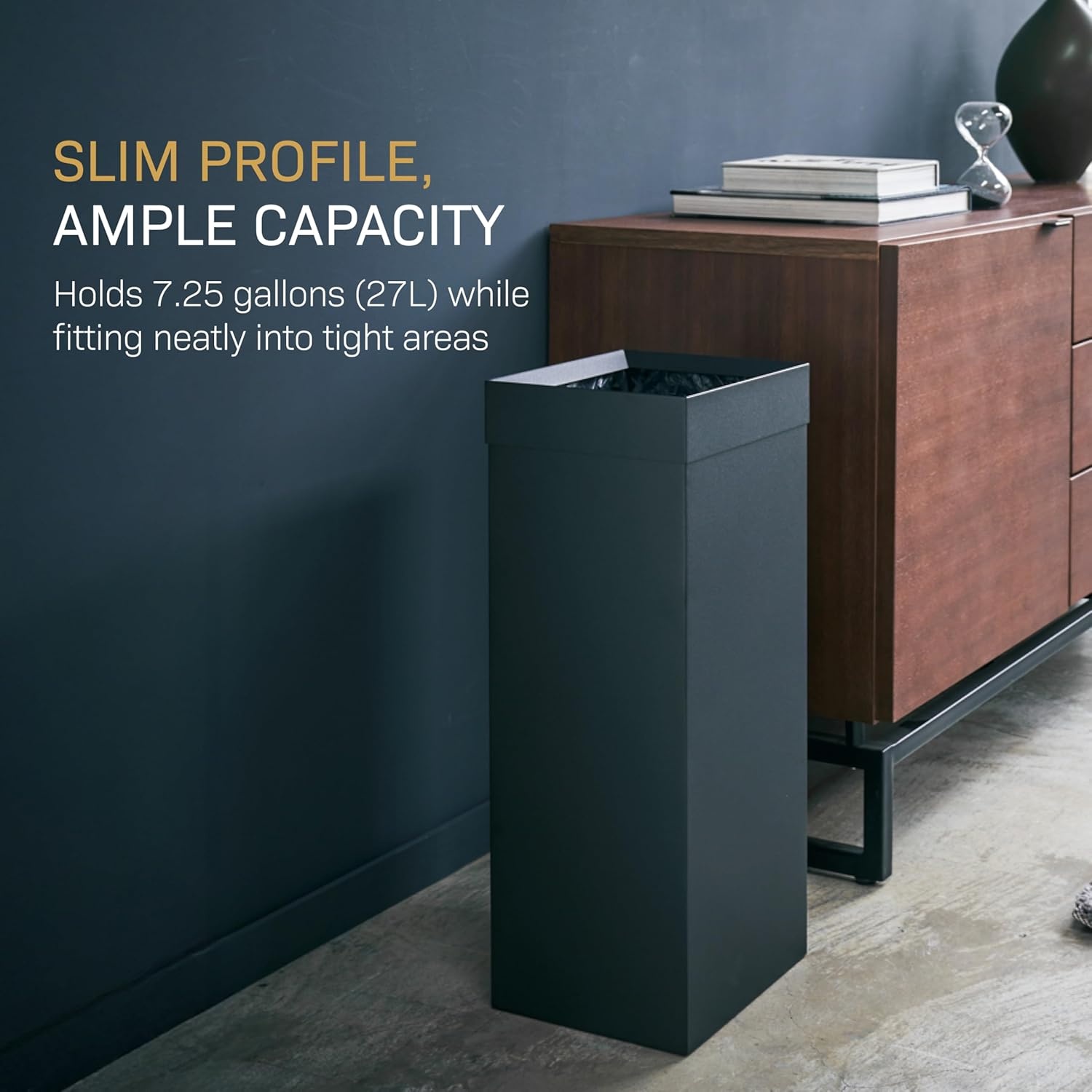 image:imageYAMAZAKI Home Tall Slim Trash Can Modern Square Steel Waste Basket with Handle White Metal Trash Can for Kitchen Bathroom or Office 725 Gallons Slim Tall DesignBlack