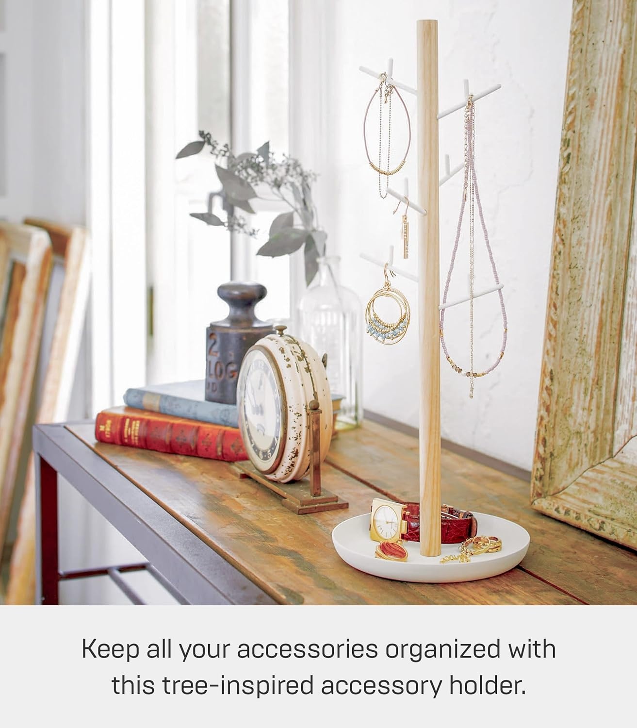 image:imageYAMAZAKI Home Tosca Accessory Tree Jewelry Organizer Stand With Tray Steel WoodWhite