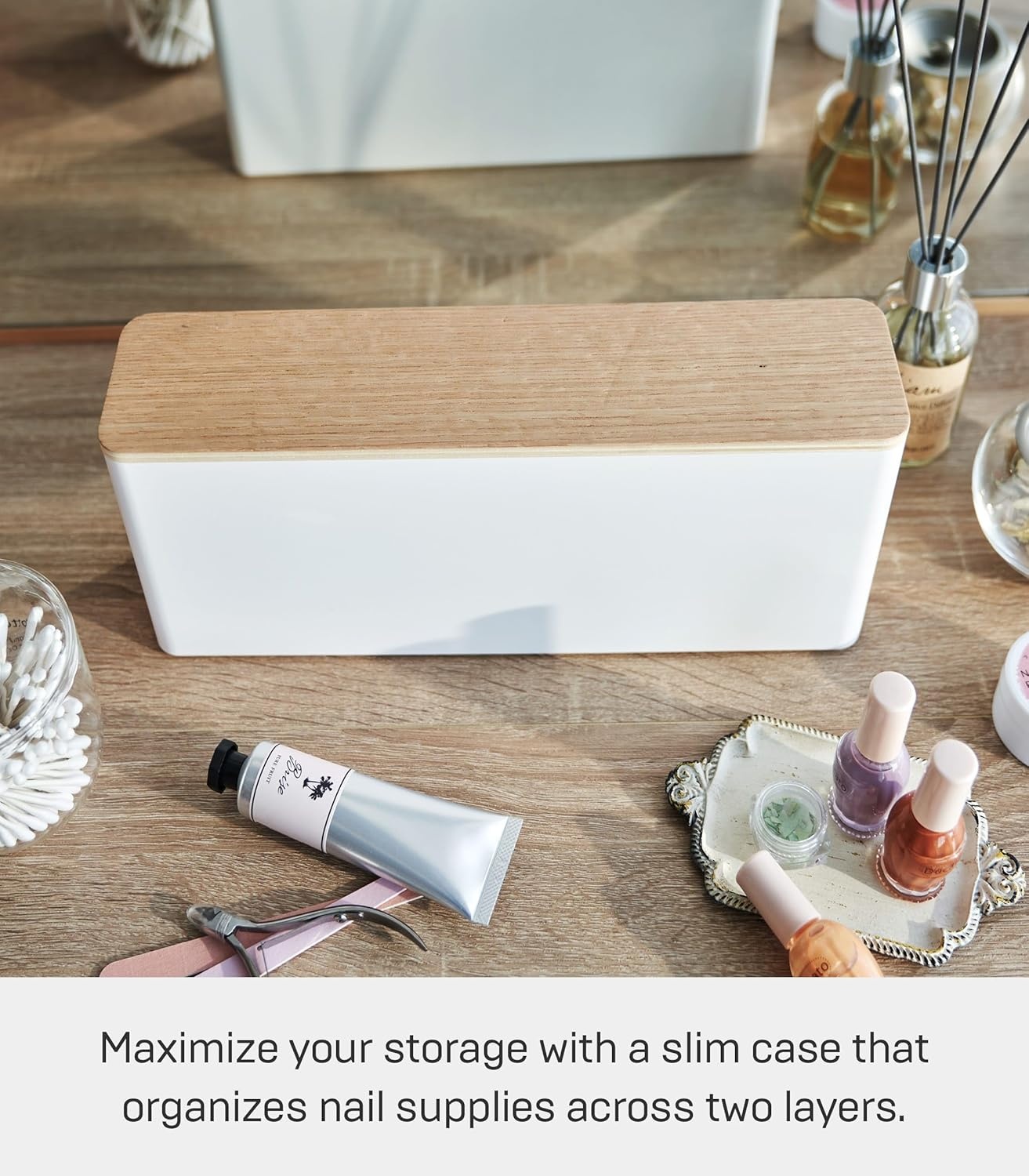 image:imageYAMAZAKI Home Tosca Spacious Nail Polish Organizer With Lid Slim Storage Case With Tray For Nail Care Supplies PlasticWhite