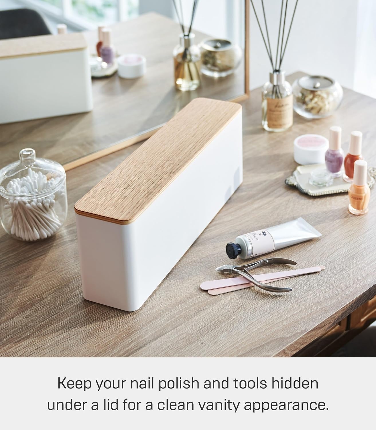 image:imageYAMAZAKI Home Tosca Spacious Nail Polish Organizer With Lid Slim Storage Case With Tray For Nail Care Supplies PlasticWhite
