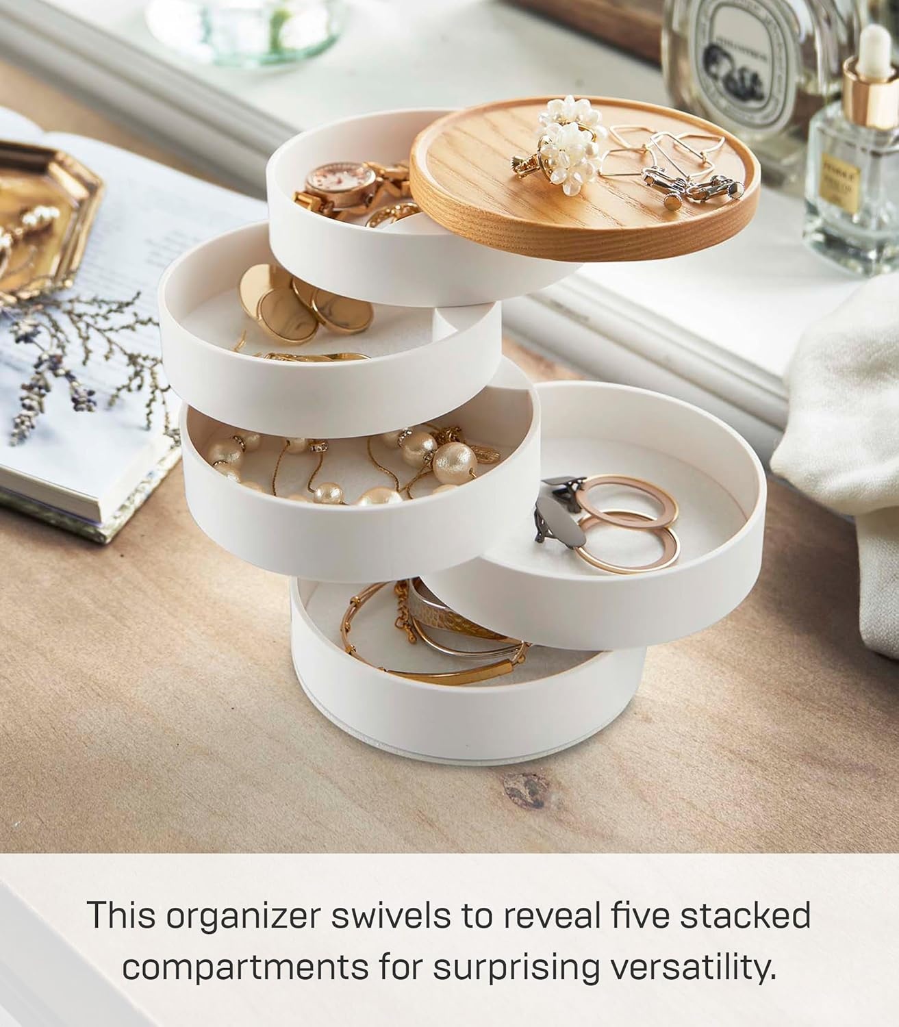 image:imageYAMAZAKI Home Tosca Stacked Accessory Trays With Wooden Lid Open Abs PlasticOpen
