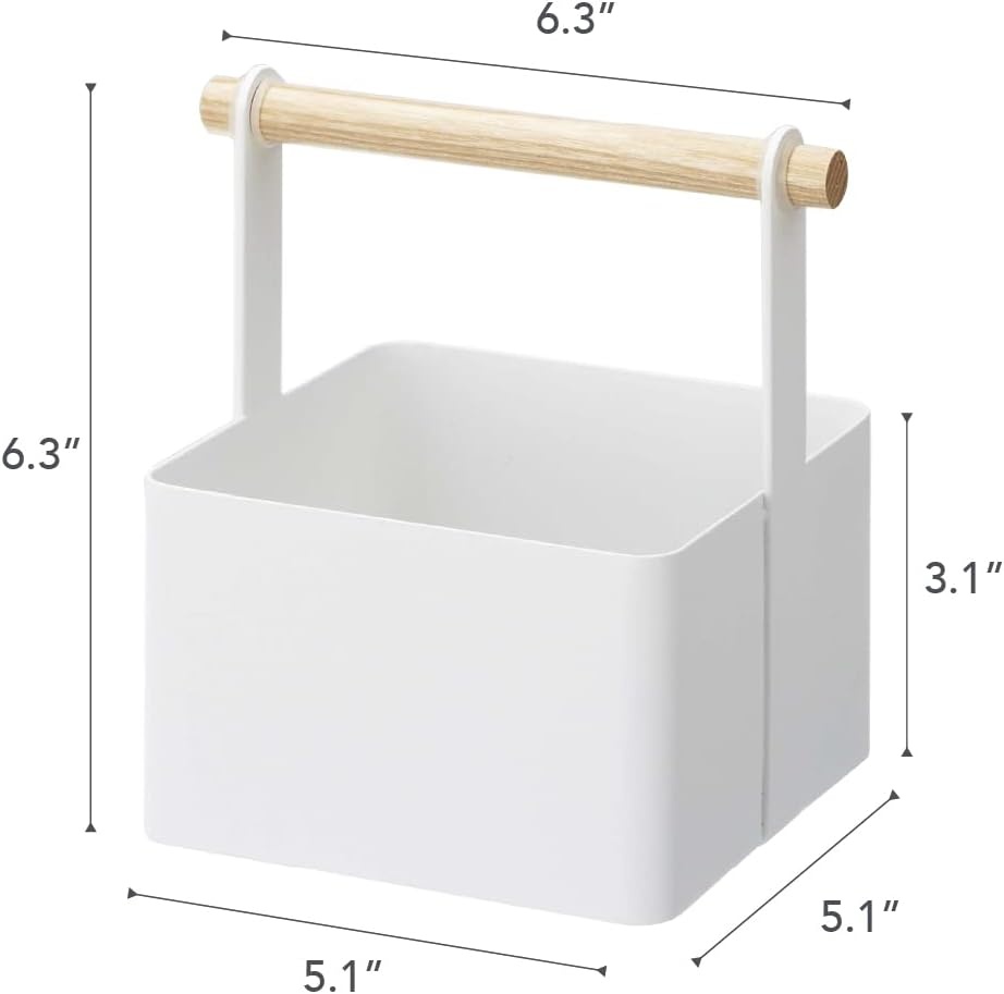 image:imageYAMAZAKI Home Tosca Storage Basket Wood Handle Organizer Small Steel WoodWhite