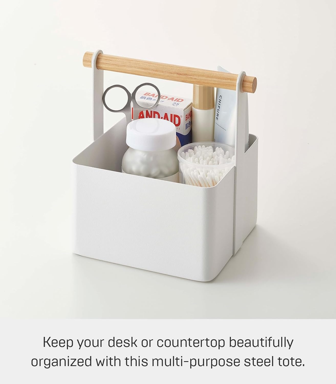 image:imageYAMAZAKI Home Tosca Storage Basket Wood Handle Organizer Small Steel WoodWhite