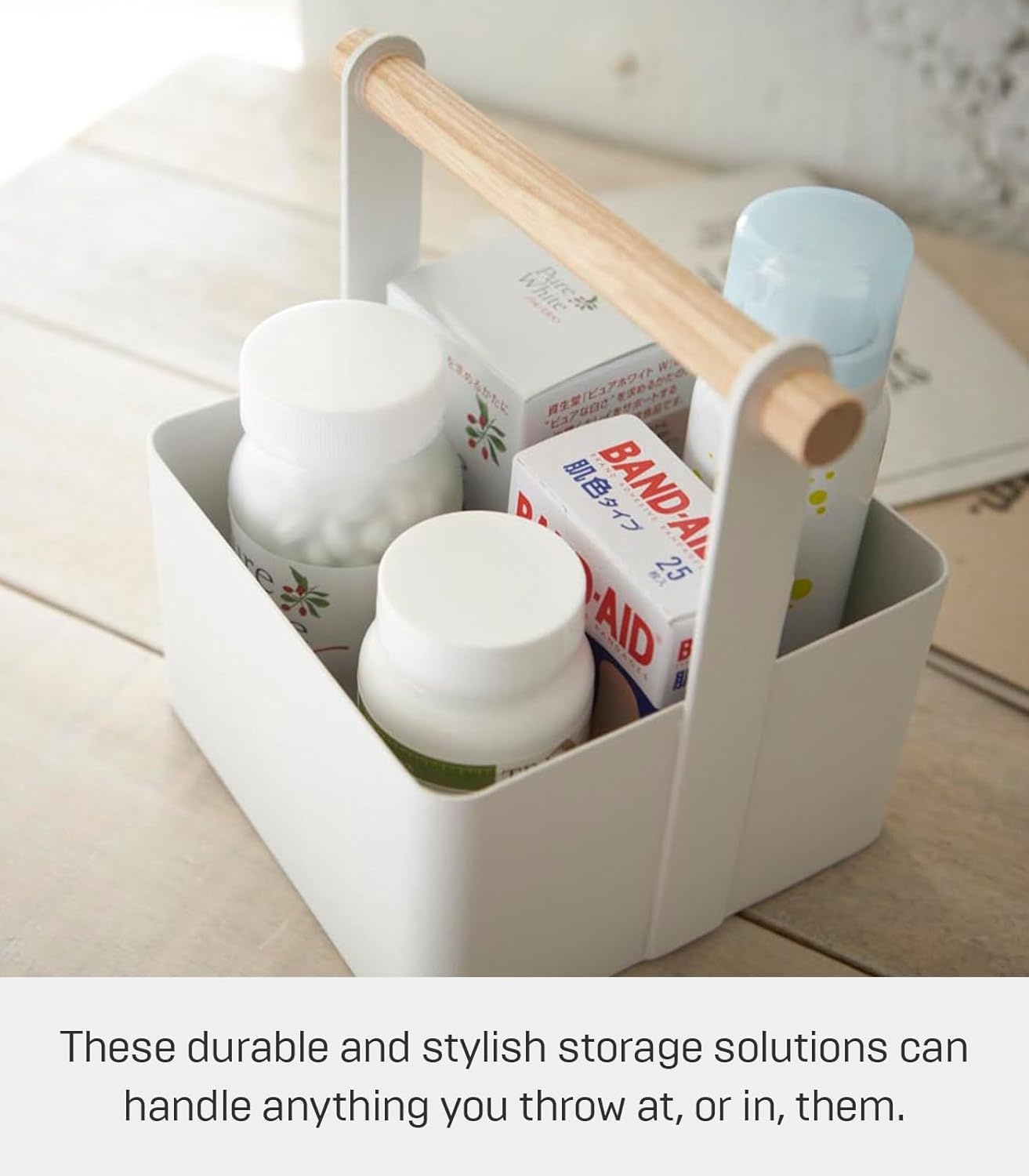 image:imageYAMAZAKI Home Tosca Storage Basket Wood Handle Organizer Small Steel WoodWhite