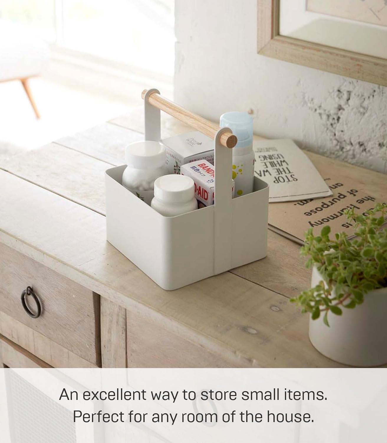 image:imageYAMAZAKI Home Tosca Storage Basket Wood Handle Organizer Small Steel WoodWhite