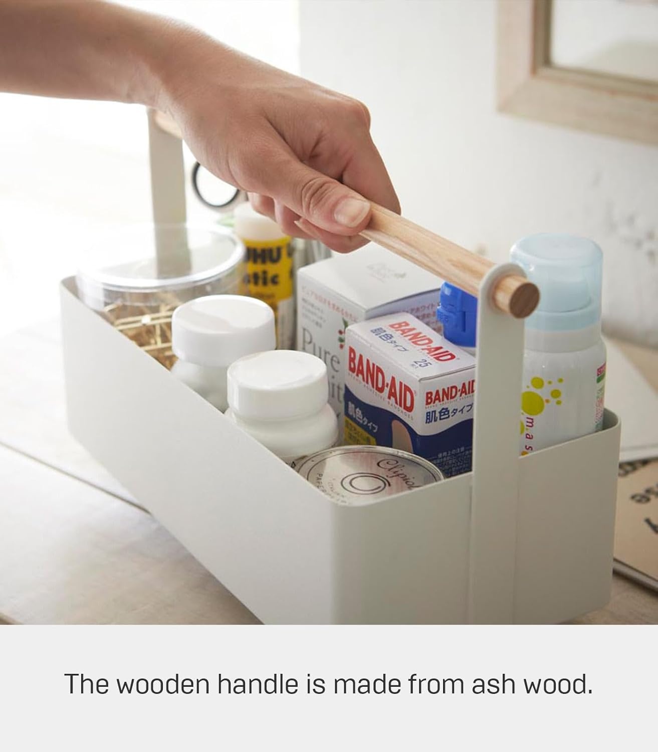 image:imageYAMAZAKI Home Tosca Storage Basket Wood Handle Organizer Small Steel WoodWhite