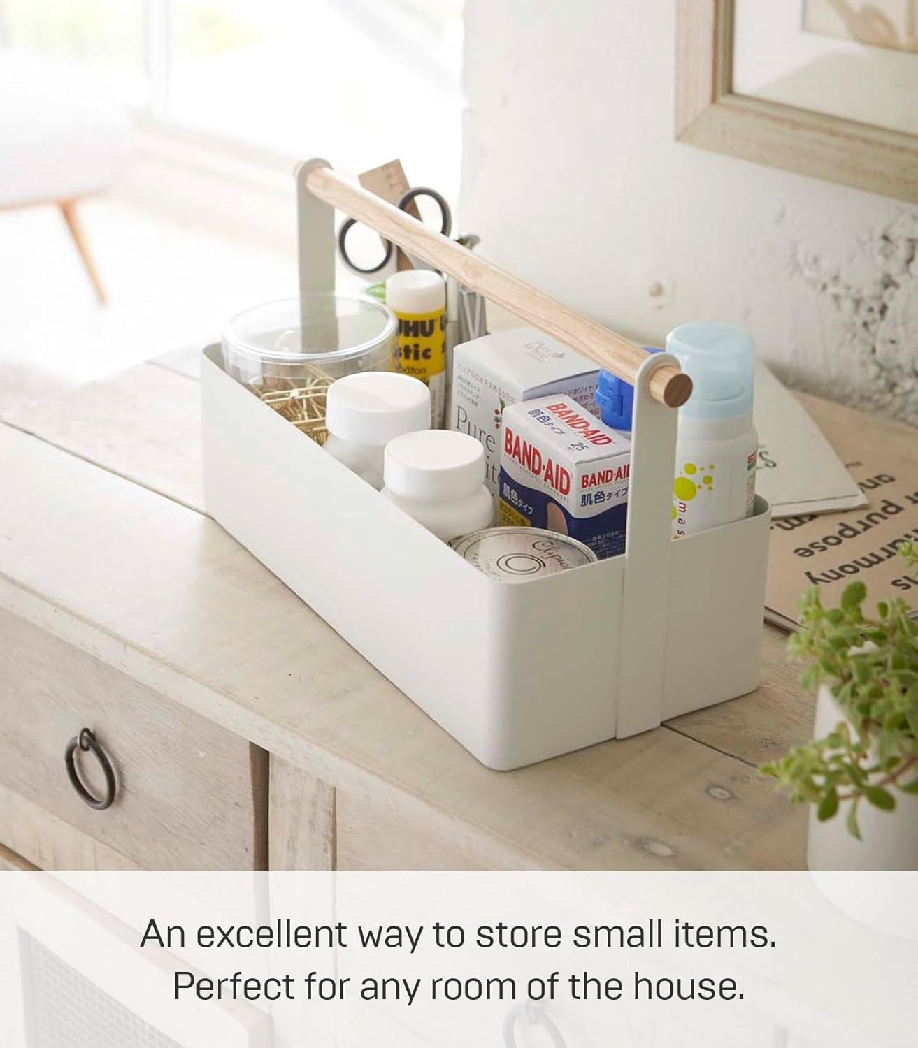 image:imageYAMAZAKI Home Tosca Storage Basket Wood Handle Organizer Small Steel WoodWhite
