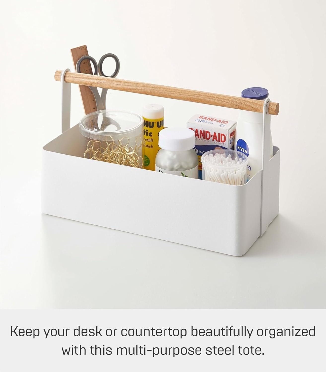 image:imageYAMAZAKI Home Tosca Storage Basket Wood Handle Organizer Small Steel WoodWhite