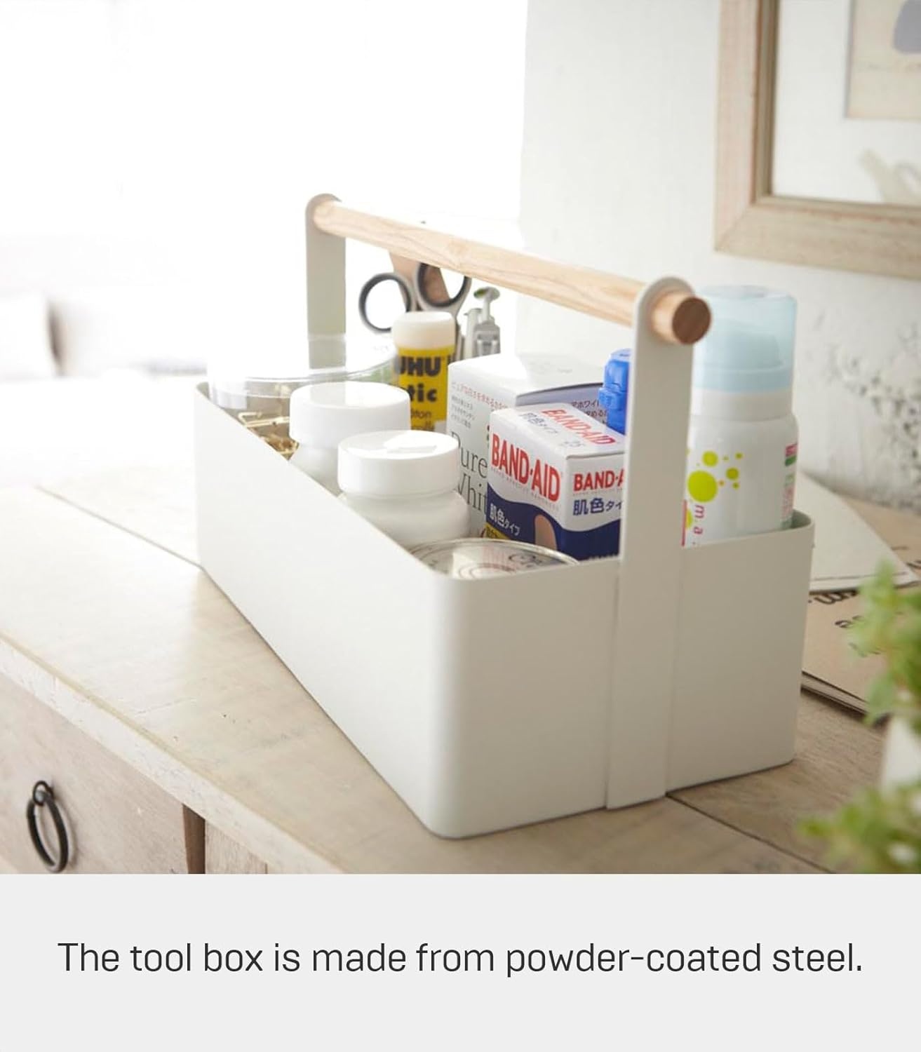 image:imageYAMAZAKI Home Tosca Storage Basket Wood Handle Organizer Small Steel WoodWhite