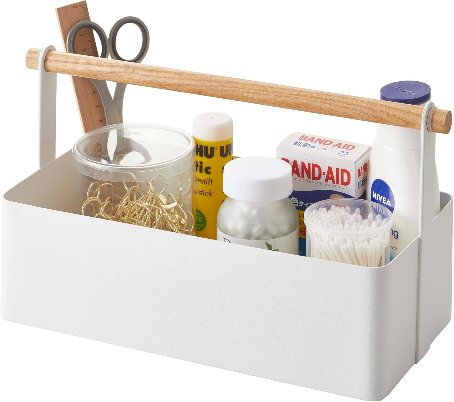 image:imageYAMAZAKI Home Tosca Storage Basket Wood Handle Organizer Small Steel WoodWhite