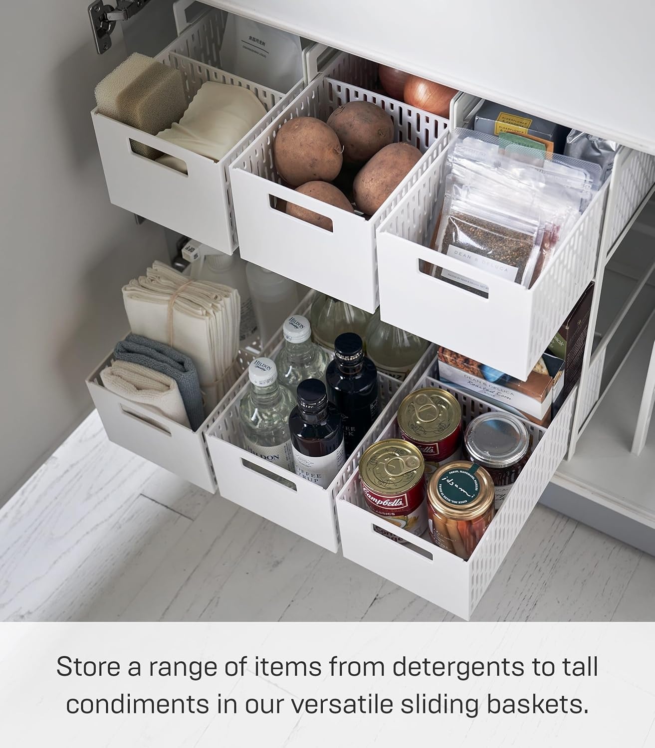 image:imageYAMAZAKI Home Tower 2 Tier Sliding Baskets Organizer Rack for Pantry Or Under Sink Storage SpaceSaving Solution for Spices Cans Cleaning Goods Abs Plastic White