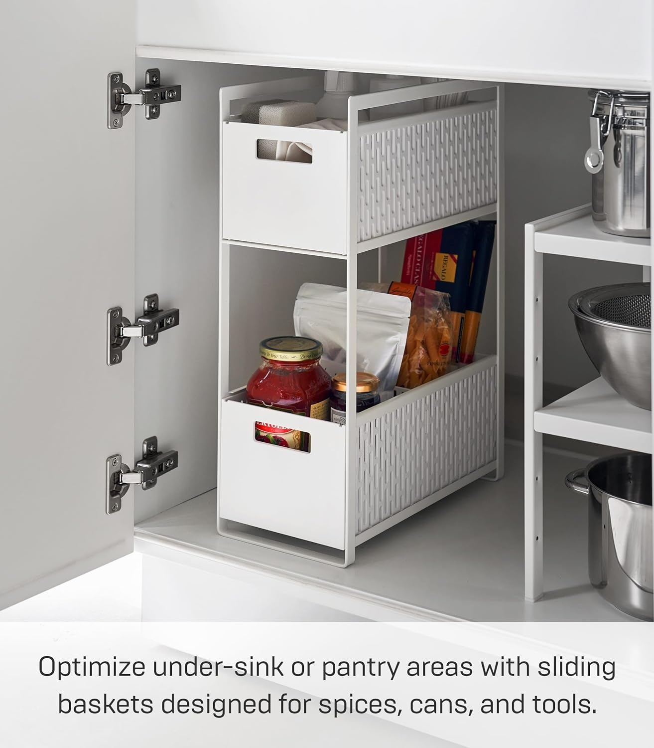 image:imageYAMAZAKI Home Tower 2 Tier Sliding Baskets Organizer Rack for Pantry Or Under Sink Storage SpaceSaving Solution for Spices Cans Cleaning Goods Abs Plastic White