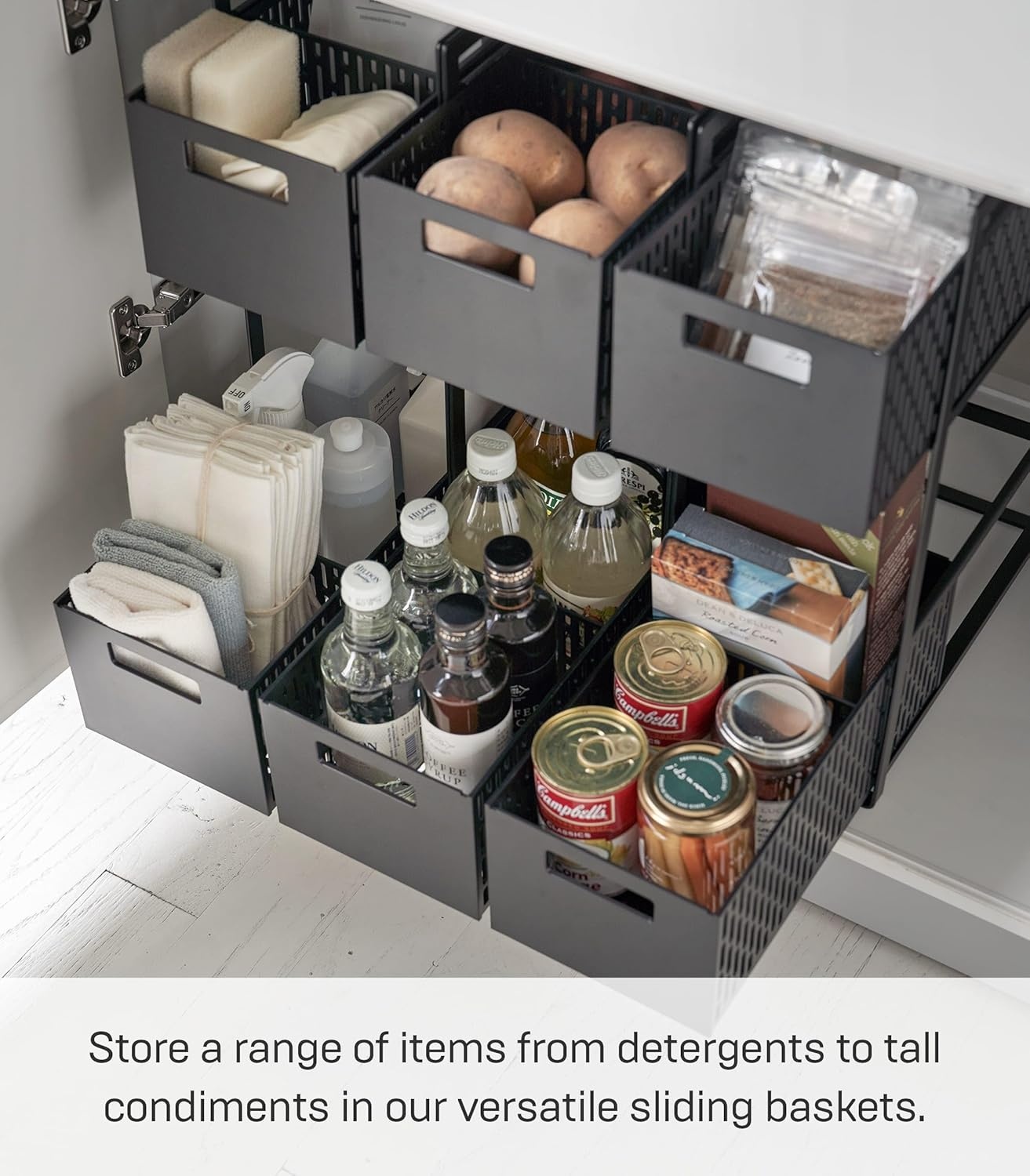 image:imageYAMAZAKI Home Tower 2 Tier Sliding Baskets Organizer Rack for Pantry Or Under Sink Storage SpaceSaving Solution for Spices Cans Cleaning Goods Abs Plastic Black
