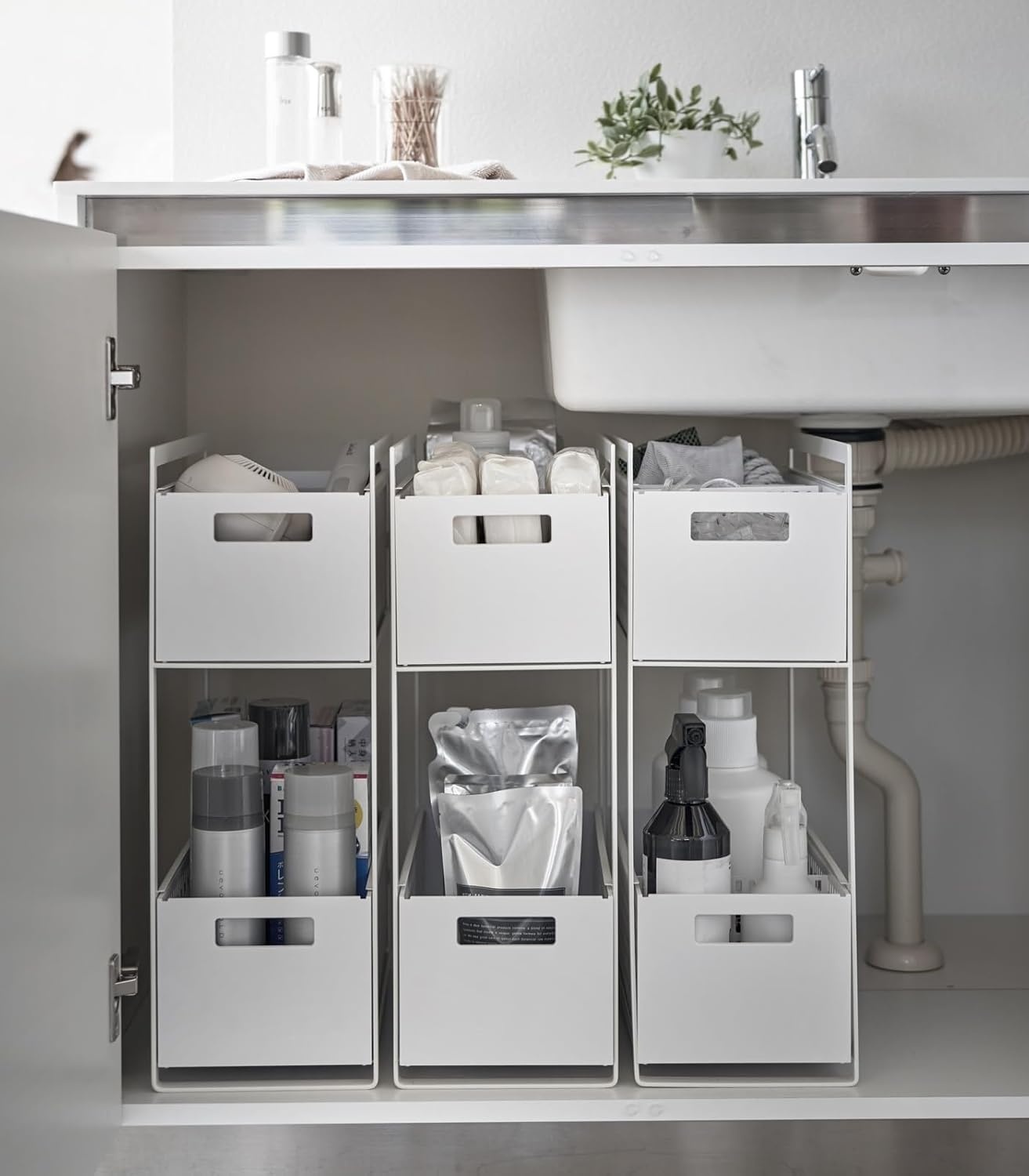 image:imageYAMAZAKI Home Tower 2 Tier Sliding Baskets Organizer Rack for Pantry Or Under Sink Storage SpaceSaving Solution for Spices Cans Cleaning Goods Abs Plastic White