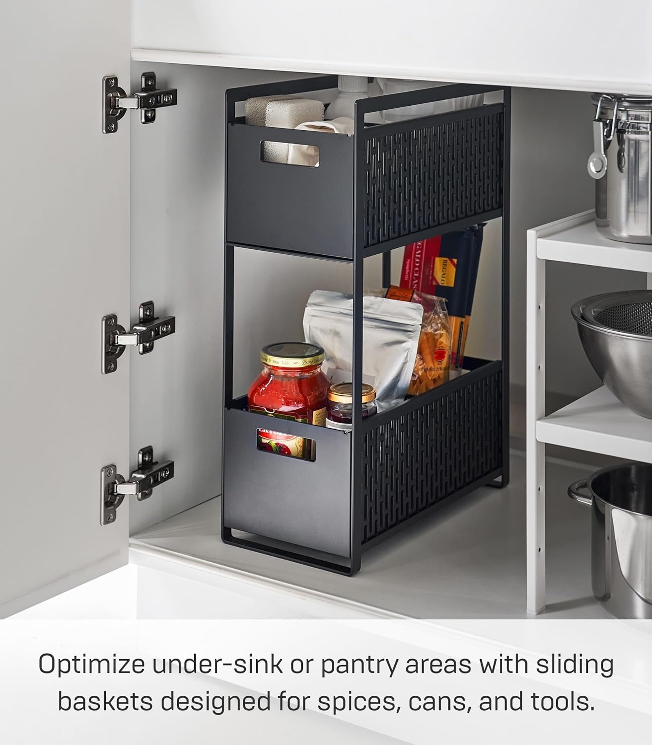 image:imageYAMAZAKI Home Tower 2 Tier Sliding Baskets Organizer Rack for Pantry Or Under Sink Storage SpaceSaving Solution for Spices Cans Cleaning Goods Abs Plastic Black