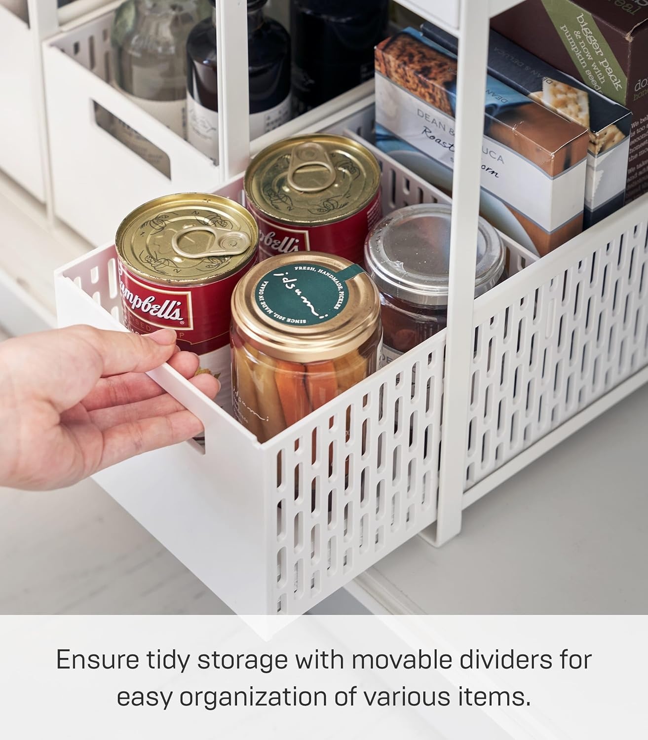 image:imageYAMAZAKI Home Tower 2 Tier Sliding Baskets Organizer Rack for Pantry Or Under Sink Storage SpaceSaving Solution for Spices Cans Cleaning Goods Abs Plastic White