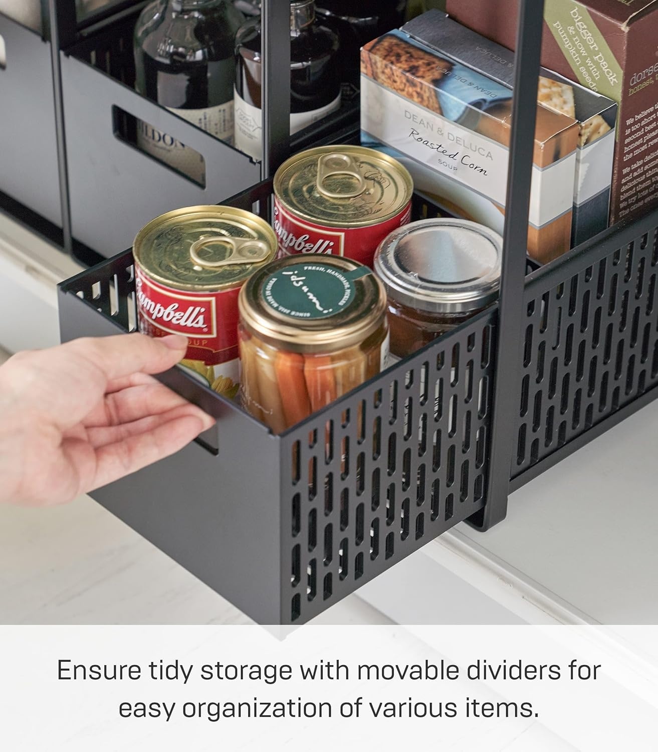 image:imageYAMAZAKI Home Tower 2 Tier Sliding Baskets Organizer Rack for Pantry Or Under Sink Storage SpaceSaving Solution for Spices Cans Cleaning Goods Abs Plastic Black