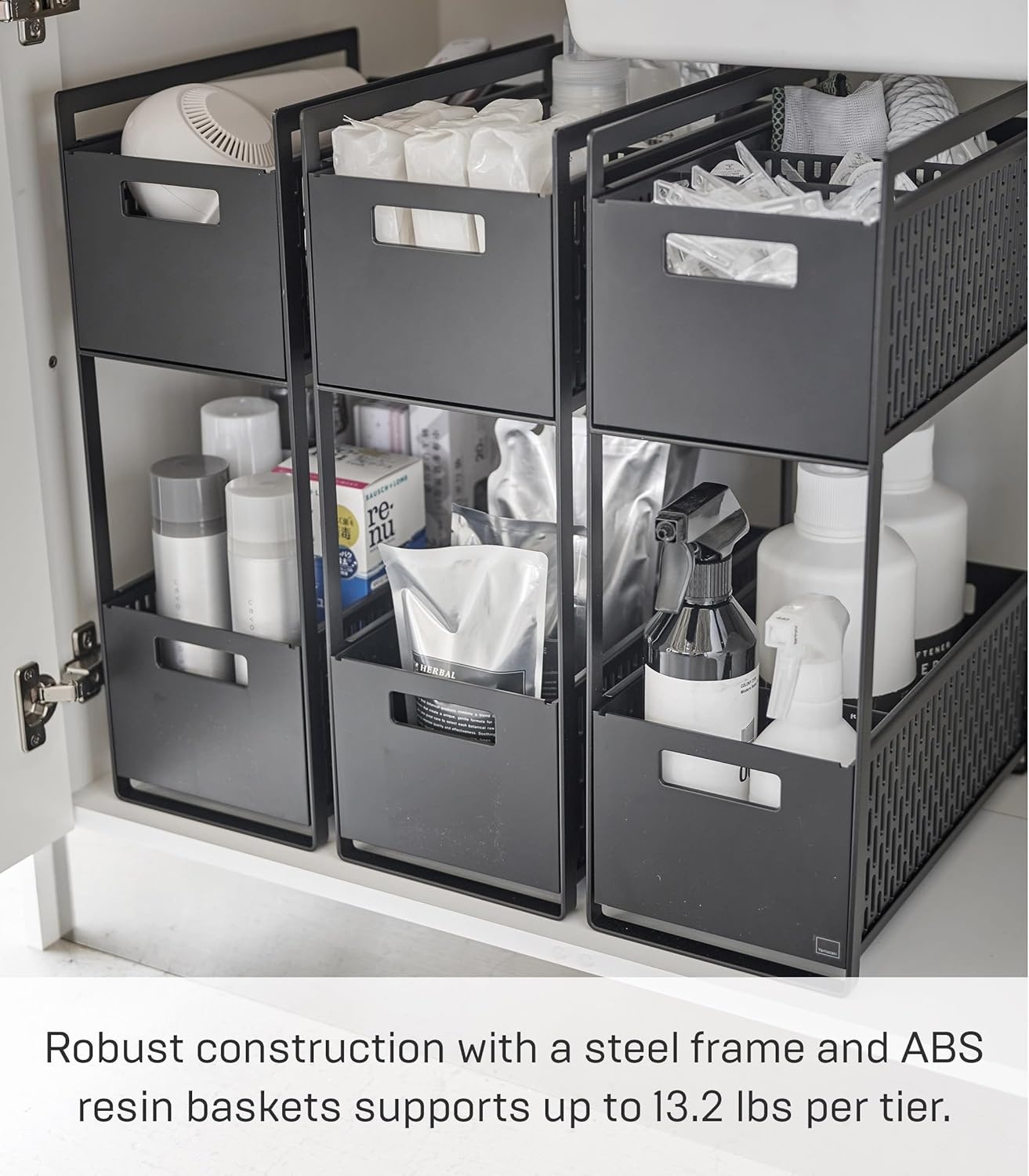 image:imageYAMAZAKI Home Tower 2 Tier Sliding Baskets Organizer Rack for Pantry Or Under Sink Storage SpaceSaving Solution for Spices Cans Cleaning Goods Abs Plastic Black