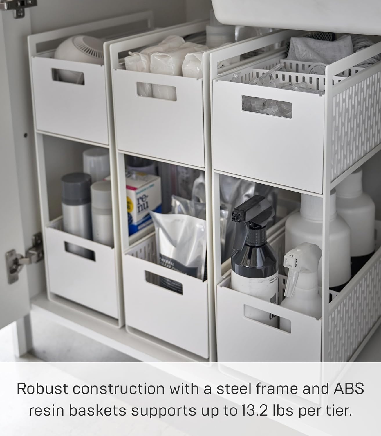 image:imageYAMAZAKI Home Tower 2 Tier Sliding Baskets Organizer Rack for Pantry Or Under Sink Storage SpaceSaving Solution for Spices Cans Cleaning Goods Abs Plastic White