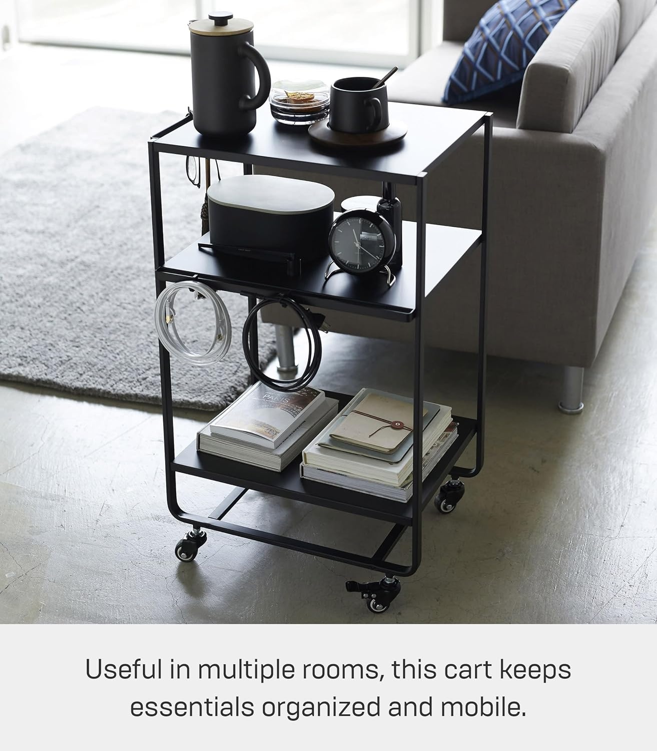 image:imageYAMAZAKI Home Tower 3Tier Trolley Rolling Metal HeavyDuty Storage Cart Organizer with CastersUtility Cart for KitchenBathroom 32 Steel Black