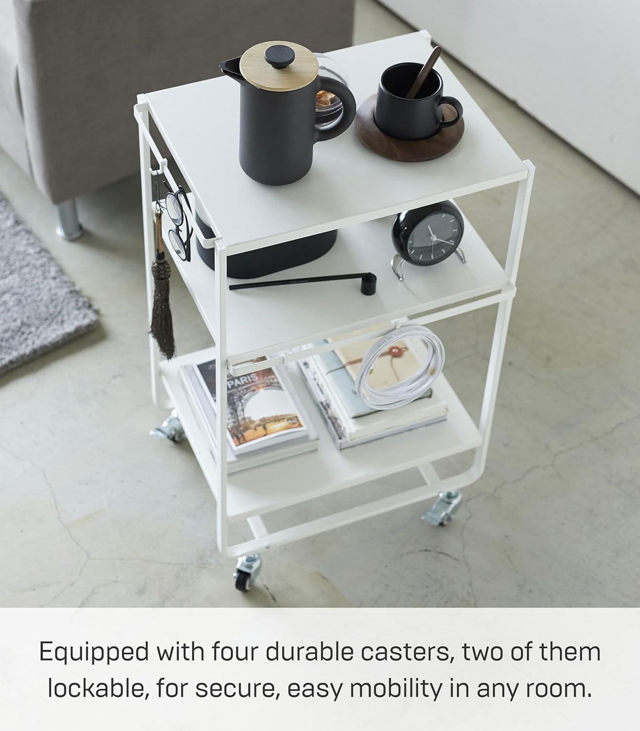 image:imageYAMAZAKI Home Tower 3Tier Trolley Rolling Metal HeavyDuty Storage Cart Organizer with CastersUtility Cart for KitchenBathroom 32 Steel White