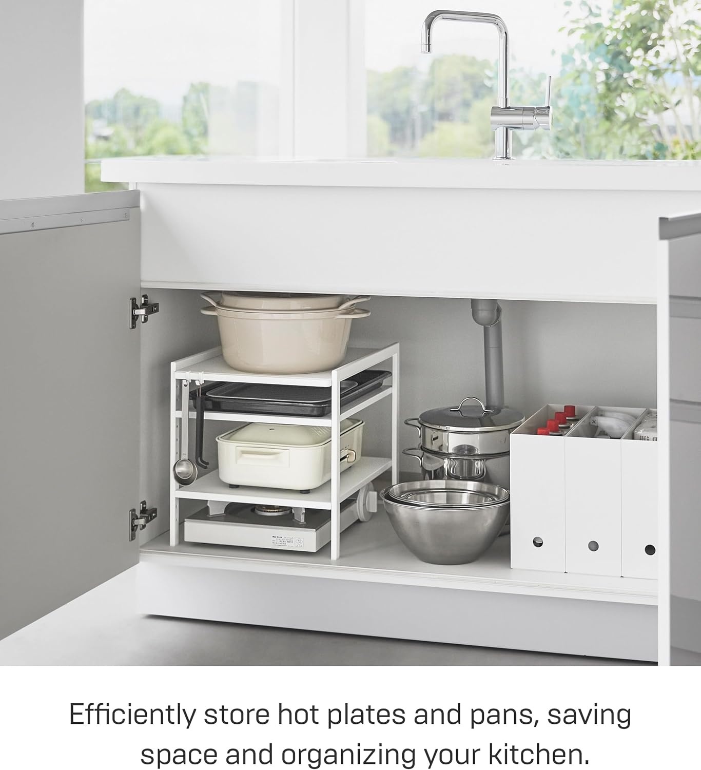 image:imageYAMAZAKI Home Tower Adjustable Steel Kitchen Storage Rack HeavyDuty Shelves for Hot Plates Pans and Pots Versatile UnderSink Or Cabinet Organizer 14 SteelWhite
